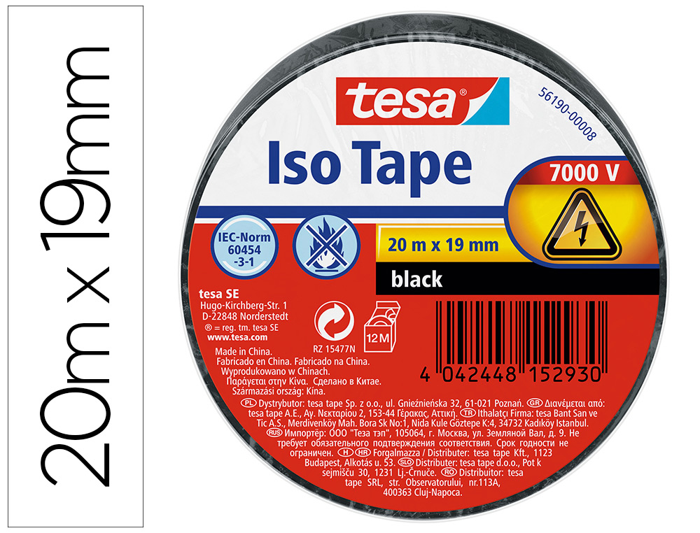 CINTA ADHESIVA AISLANTE TESA 20 MT X 19 MM COLOR NEGRO