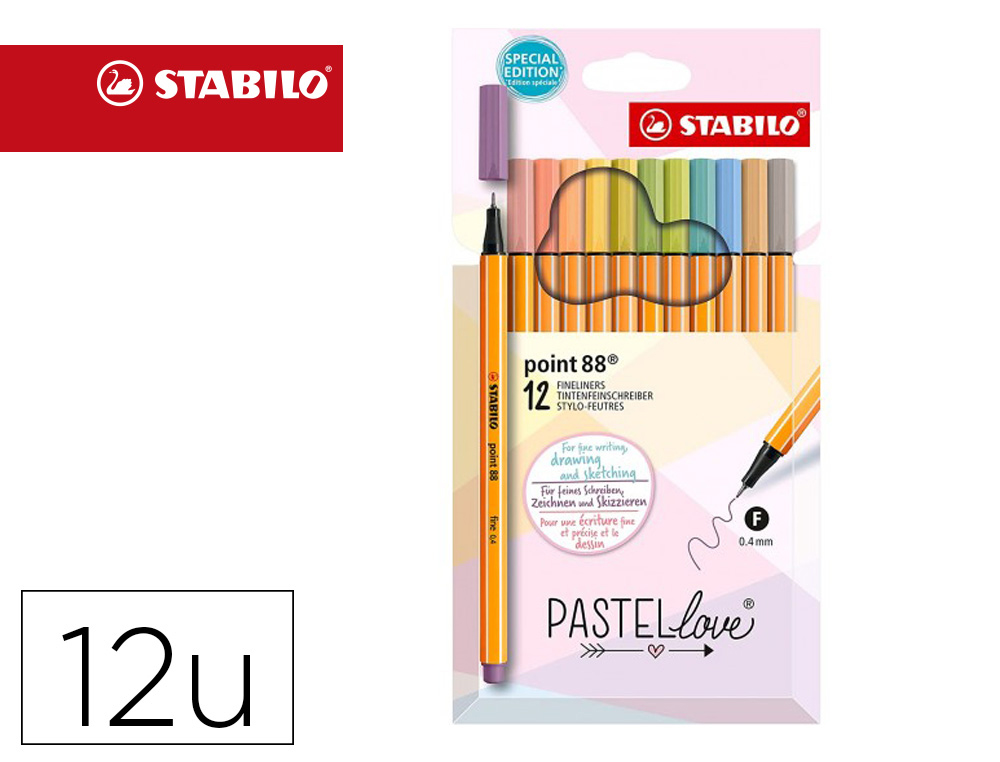 ROTULADOR STABILO PUNTA DE FIBRA POINT 88 PASTEL LOVE ESTUCHE DE CARTON DE 12 UNIDADES COLORES SURTIDOS