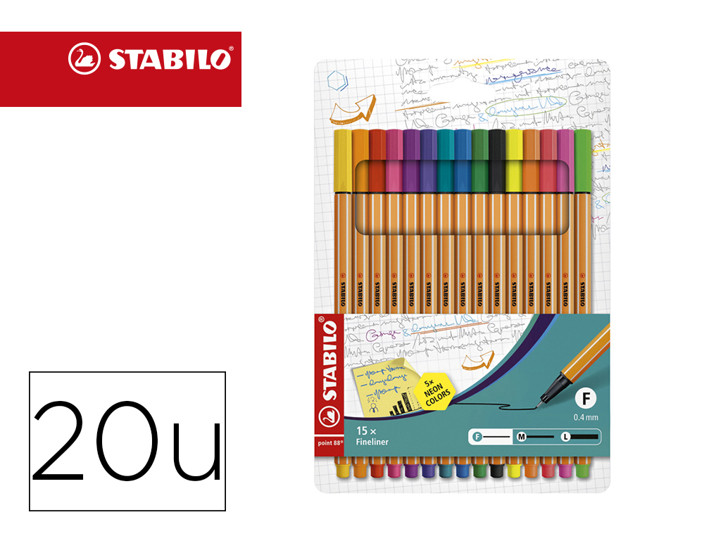 ROTULADOR STABILO PUNTA DE FIBRA POINT 88 ESTUCHE DE 15 UNIDADES COLORES SURTIDOS + 5 COLORES NEON