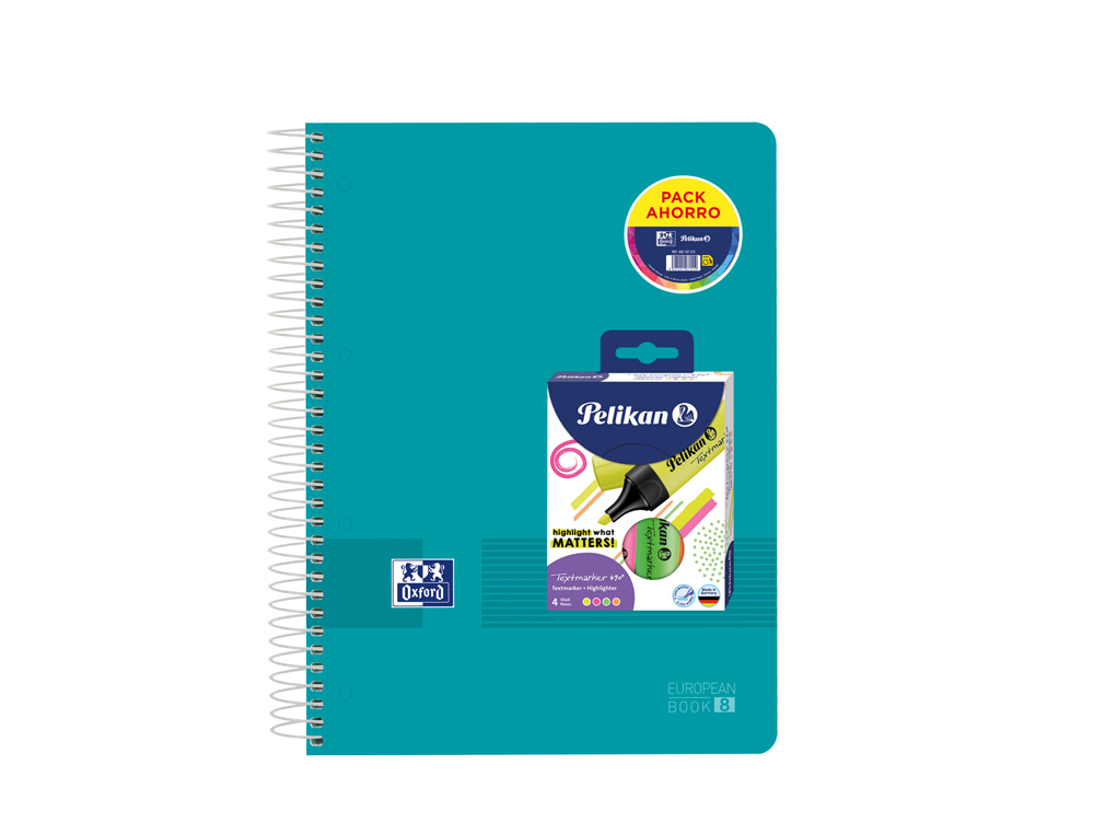 CUADERNO ESPIRAL OXFORD EUROPEANBOOK 8 TAPA POLIPROPILENO LIVE&GO DIN A4+ 120H CUADRO 5 MM + PACK 4 ROT