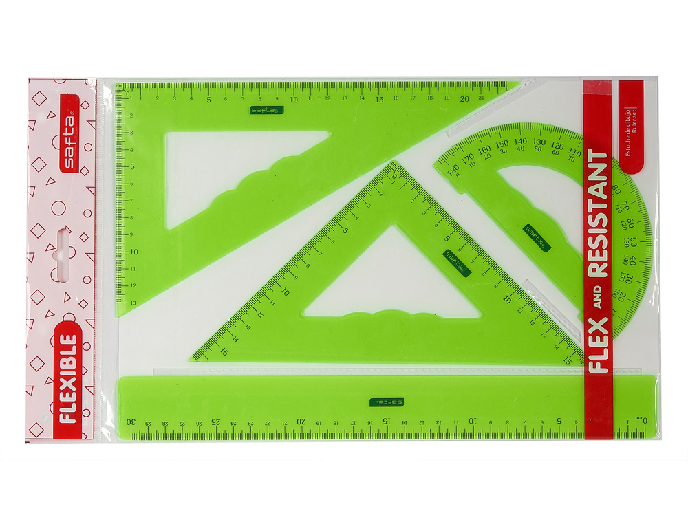 JUEGO ESCUADRA CARTABON REGLA SAFTA FLEXIBLE SURTIDO DE 3 COLORES