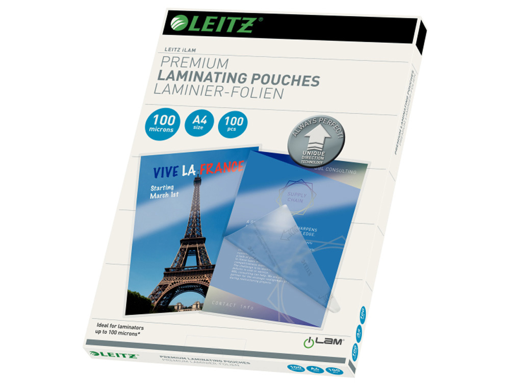 BOLSA DE PLASTIFICAR LEITZ DIN A4 100 MC CAJA DE 100 UNIDADES