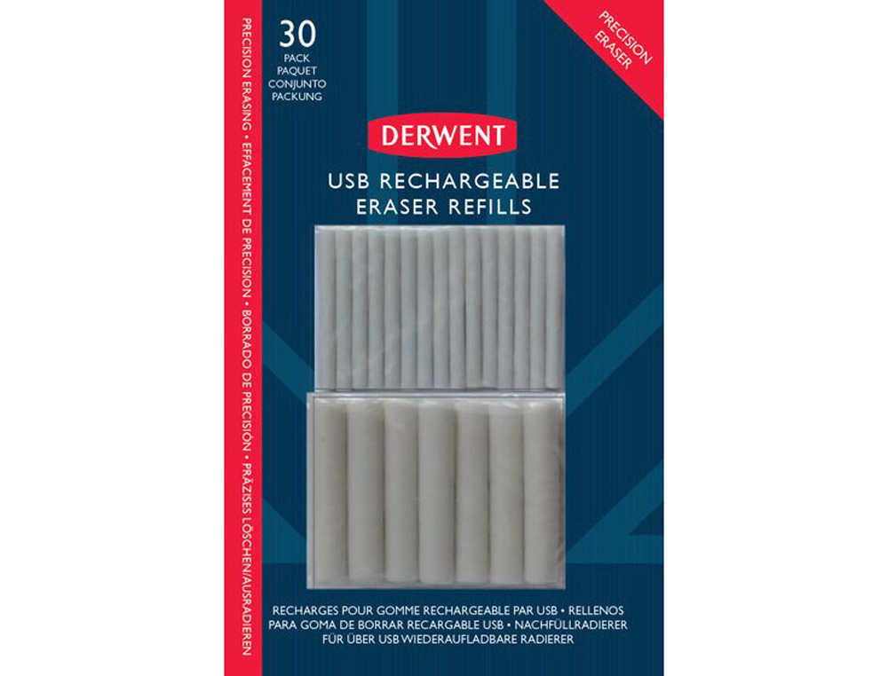 REPUESTO GOMA DE BORRAR DERWENT PARA PORTAGOMAS RECARGABLE USB PACK DE 30 UNIDADES