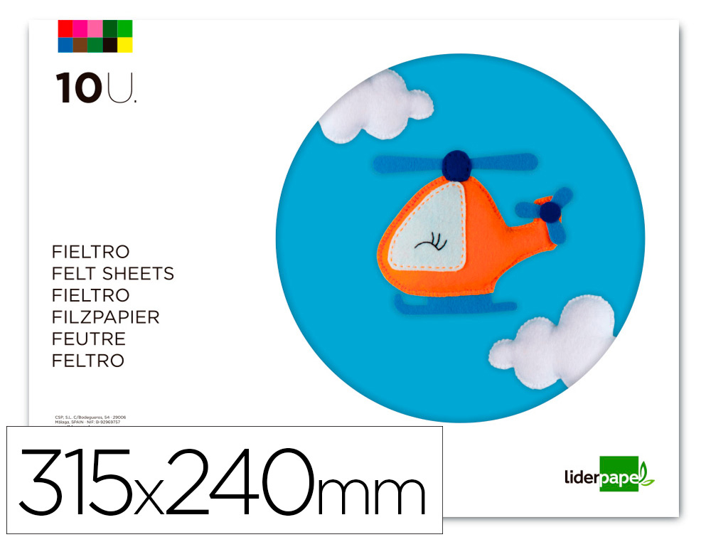 BLOC TRABAJOS MANUALES LIDERPAPEL FIELTRO 240X315MM 10 HOJAS COLORES SURTIDOS