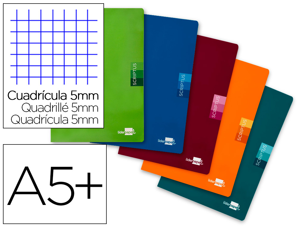 LIBRETA LIDERPAPEL SCRIPTUS A5 PLUS 48 HOJAS 90G/M2 CUADRO 5MM CON MARGEN COLORES SURTIDOS
