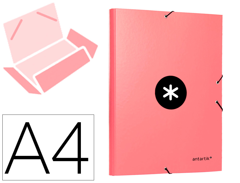 CARPETA ANTARTIK GOMAS TRES SOLAPAS CARTON FORRADO A4 COLOR CORAL