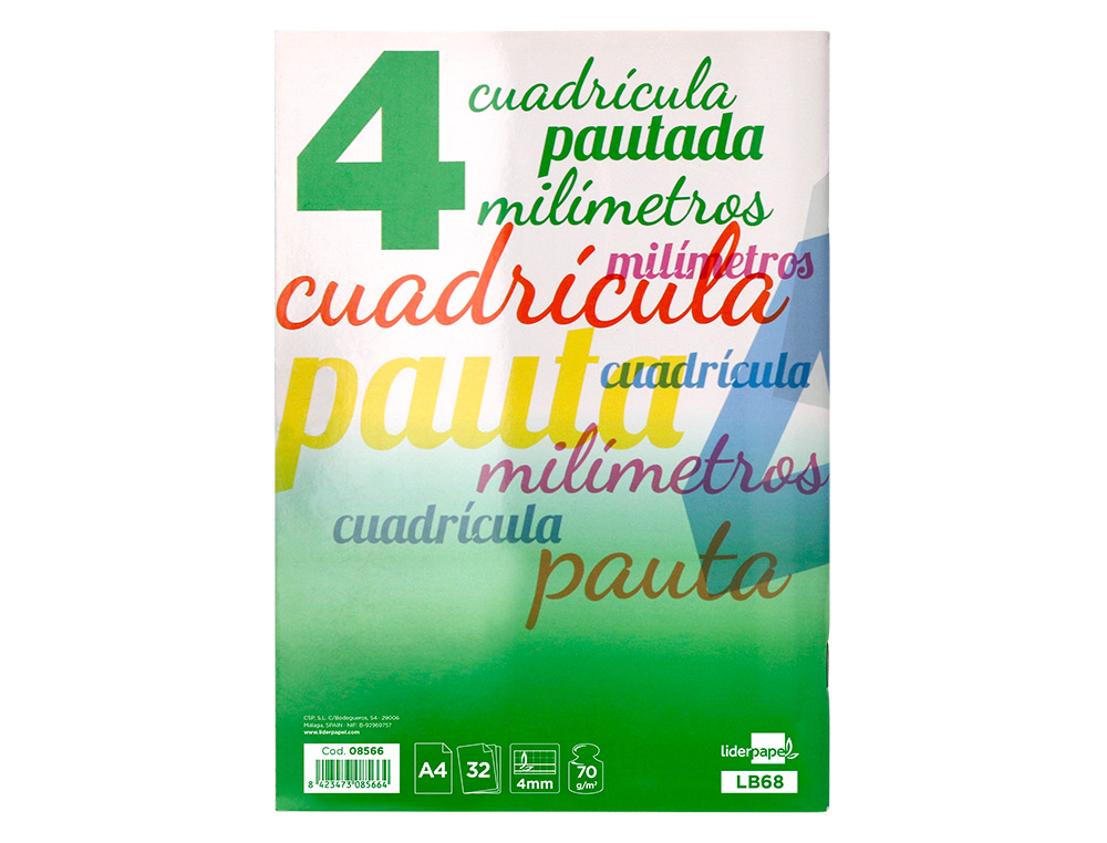 LIBRETA LIDERPAPEL PAUTAGUIA TAPA CARTONCILLO 32 HOJAS DIN A4 70 GR CUADRICULADO PAUTADO 4 MM