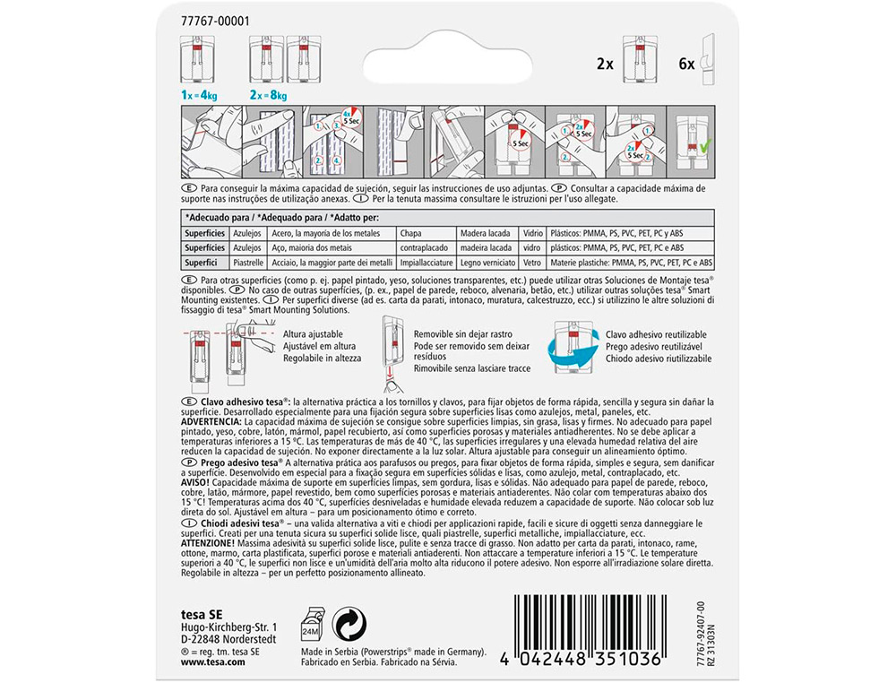 CLAVO AUTOADHESIVO TESA SUJECION HASTA 4 KG USO AZULEJOS REMOVIBLE BLISTER DE 2 UNIDADES