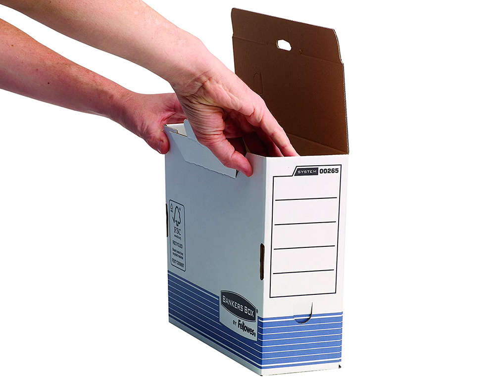 CAJA ARCHIVO DEFINITIVO FELLOWES A4 CARTON RECICLADO 100% LOMO 100 MM MONTAJE AUTOMATICO COLOR AZUL