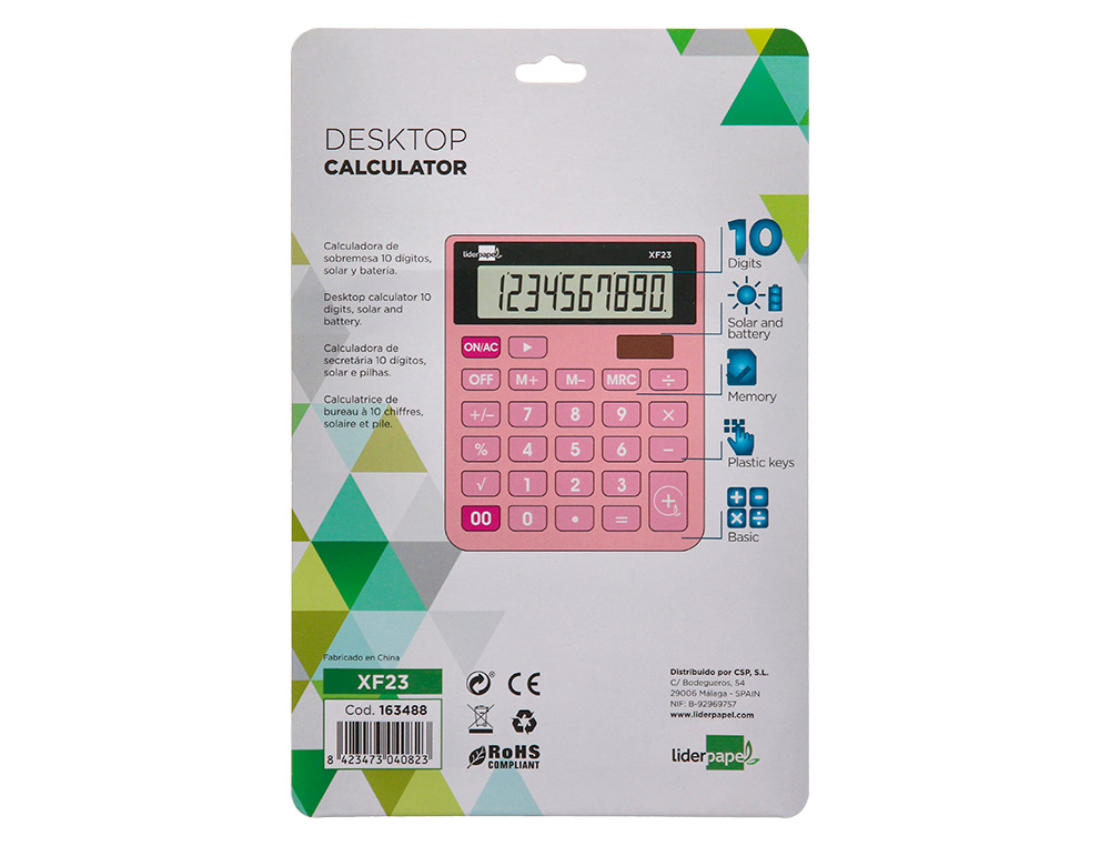 CALCULADORA LIDERPAPEL SOBREMESA XF23 10 DIGITOS SOLAR Y PILAS COLOR ROSA 127X105X24 MM