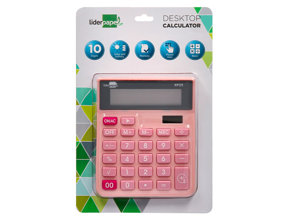 CALCULADORA LIDERPAPEL SOBREMESA XF23 10 DIGITOS SOLAR Y PILAS COLOR ROSA 127X105X24 MM