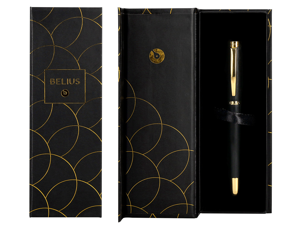 PLUMA BELIUS PASSION DOR ALUMINIO TEXTURA CEPILLADA COLOR NEGRO Y DORADO TINTA AZUL CAJA DE DISEÑO