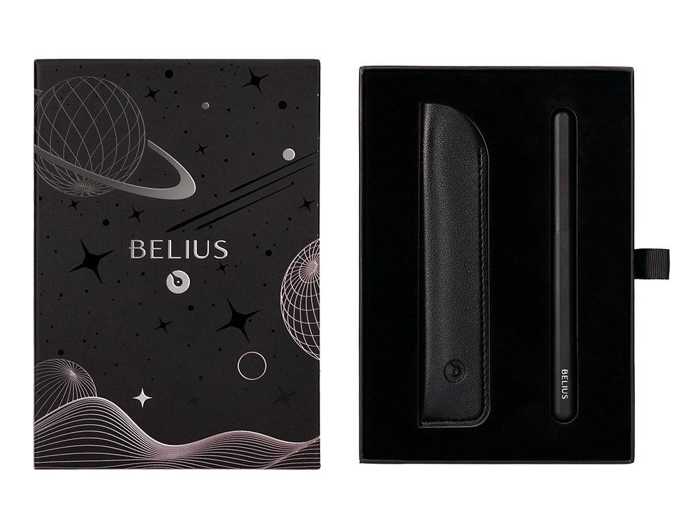 ROLLER Y FUNDA DE SIMILPIEL BELIUS SPACE B COLOR MINIMALISTA NEGRO TINTA AZUL CAJA DE DISEÑO