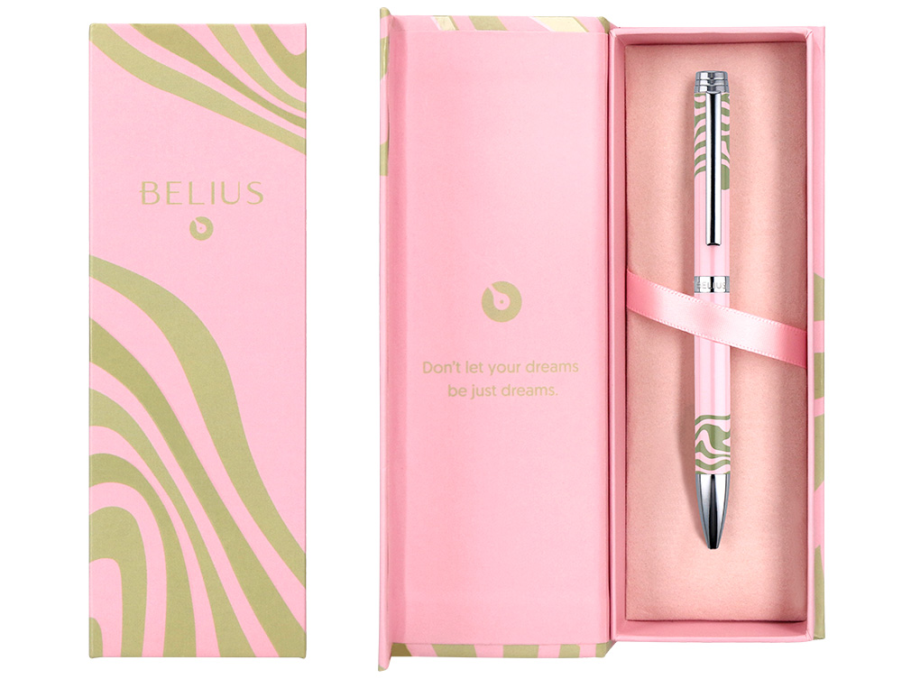 BOLIGRAFO BELIUS INK DREAMS ALUMINIO COLOR ROSA Y VERDE MATCHA PLATEADO FRASE INTERIOR TINTA AZUL CAJA DE DISEÑO