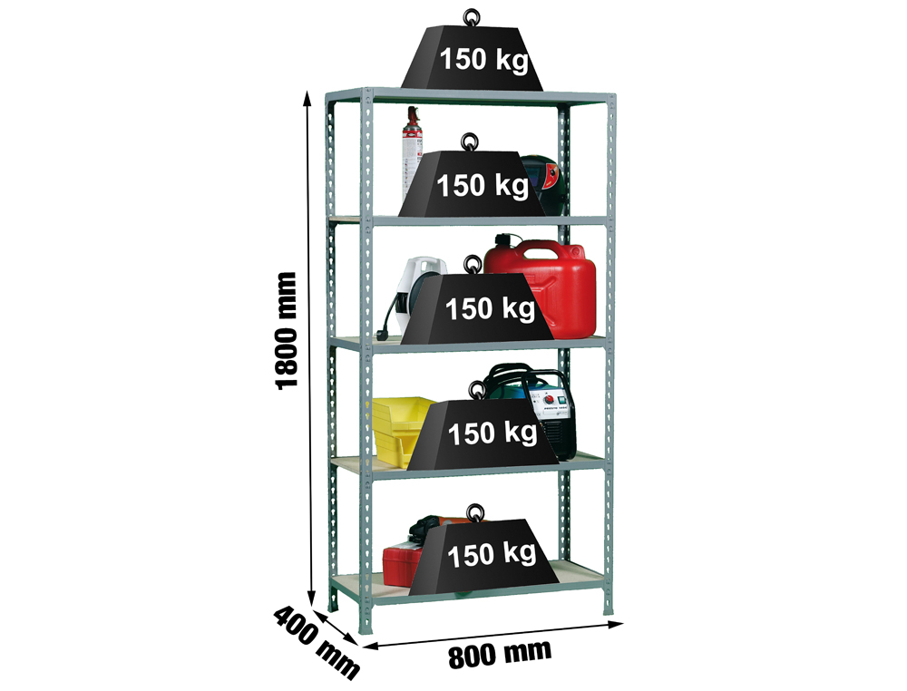 ESTANTERIA METALICA SIMONRACK KIT MADERCLICK MINI 5/400 COLOR GRIS/MADERA 5 ESTANTES 150 KG POR ESTANTE 180X80X40CM