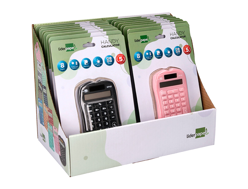 CALCULADORA LIDERPAPEL BOLSILLO XF44 8 DIGITOS SOLAR Y PILAS 94X59,5X10,5MM COLORESNEGRO VERDE ROSA EXP DE 16