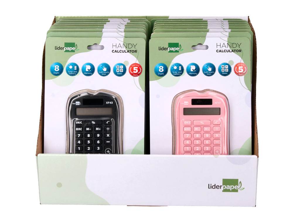 CALCULADORA LIDERPAPEL BOLSILLO XF44 8 DIGITOS SOLAR Y PILAS 94X59,5X10,5MM COLORESNEGRO VERDE ROSA EXP DE 16