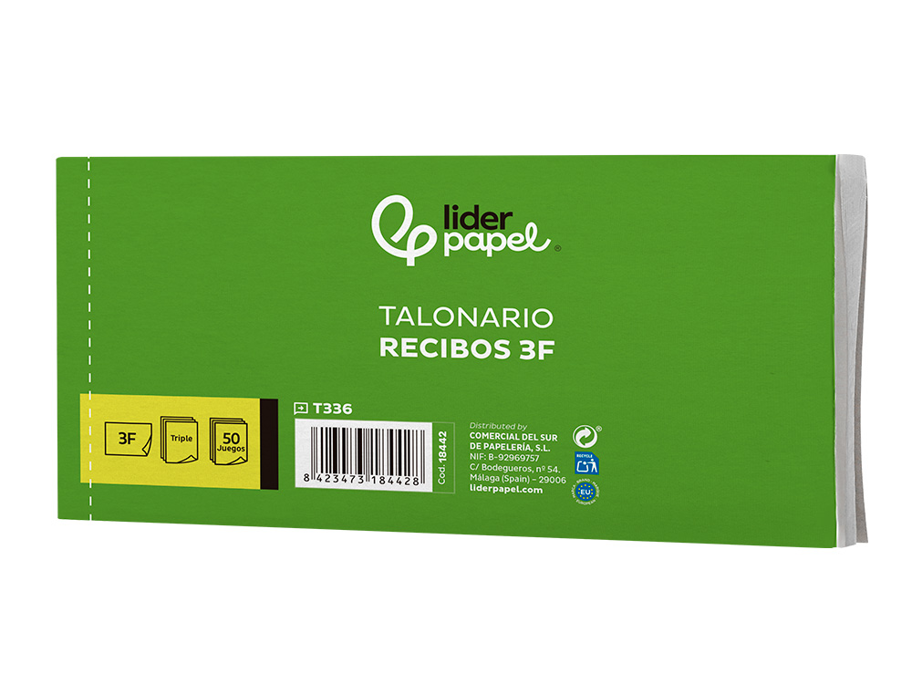 TALONARIO LIDERPAPEL RECIBOS 3/F APAISADO ORIGINAL Y 2 COPIAS SIN MATRIZ
