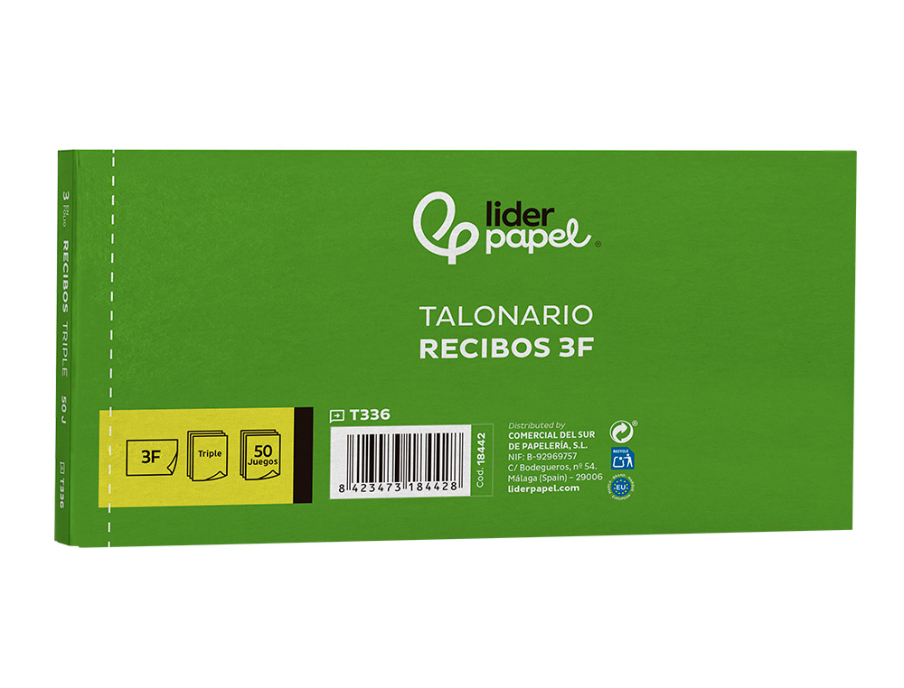 TALONARIO LIDERPAPEL RECIBOS 3/F APAISADO ORIGINAL Y 2 COPIAS SIN MATRIZ