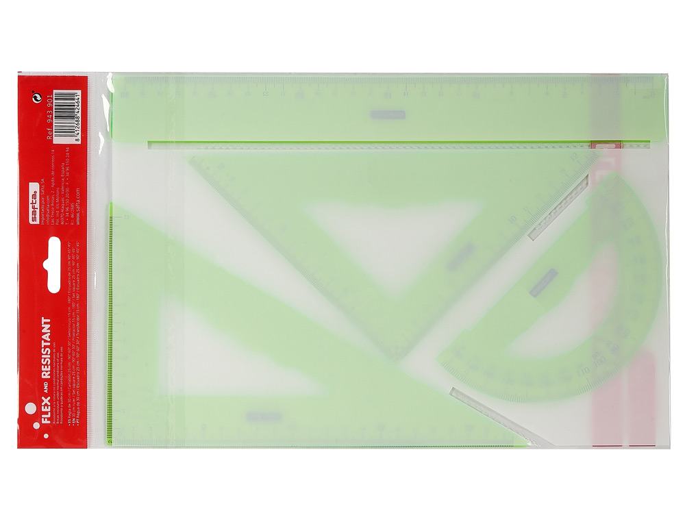 JUEGO ESCUADRA CARTABON REGLA SAFTA FLEXIBLE SURTIDO DE 3 COLORES
