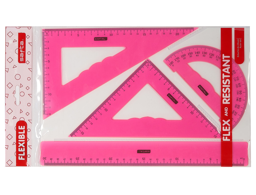 JUEGO ESCUADRA CARTABON REGLA SAFTA FLEXIBLE SURTIDO DE 3 COLORES