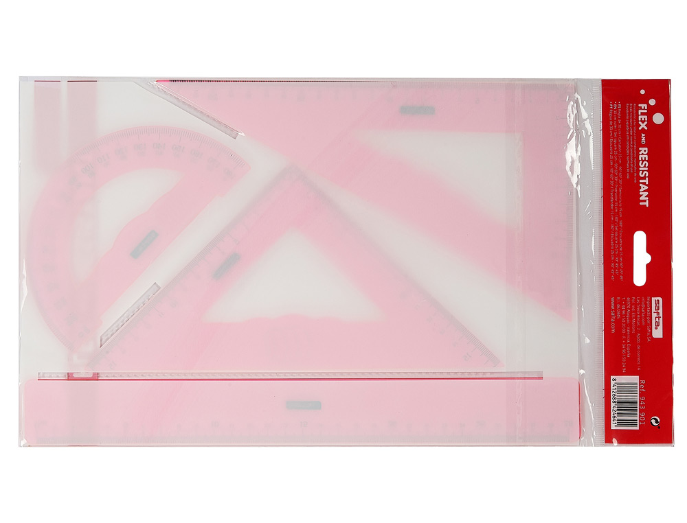 JUEGO ESCUADRA CARTABON REGLA SAFTA FLEXIBLE SURTIDO DE 3 COLORES