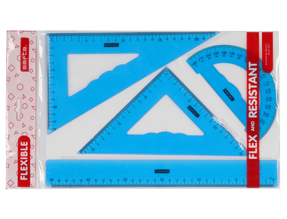 JUEGO ESCUADRA CARTABON REGLA SAFTA FLEXIBLE SURTIDO DE 3 COLORES