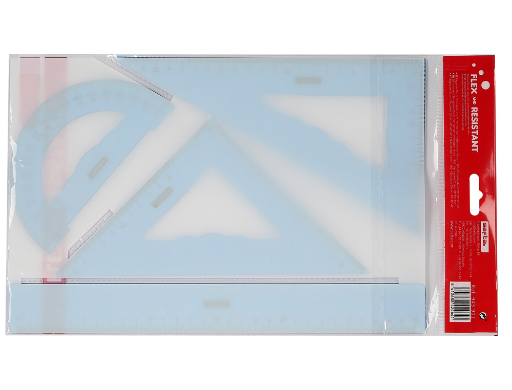 JUEGO ESCUADRA CARTABON REGLA SAFTA FLEXIBLE SURTIDO DE 3 COLORES