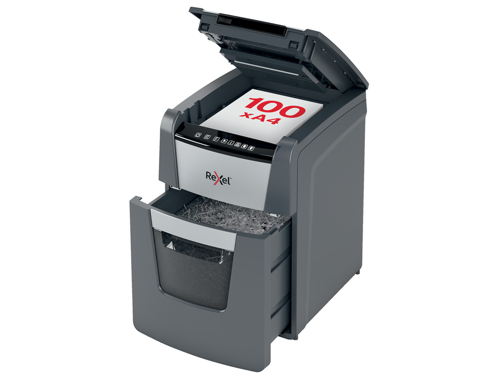 DESTRUCTORA DE DOCUMENTOS REXEL OPTIMUM AUTO+100M CAPACIDAD DE CORTE 100 HOJAS DESTRUYE GRAPAS CLIPS Y