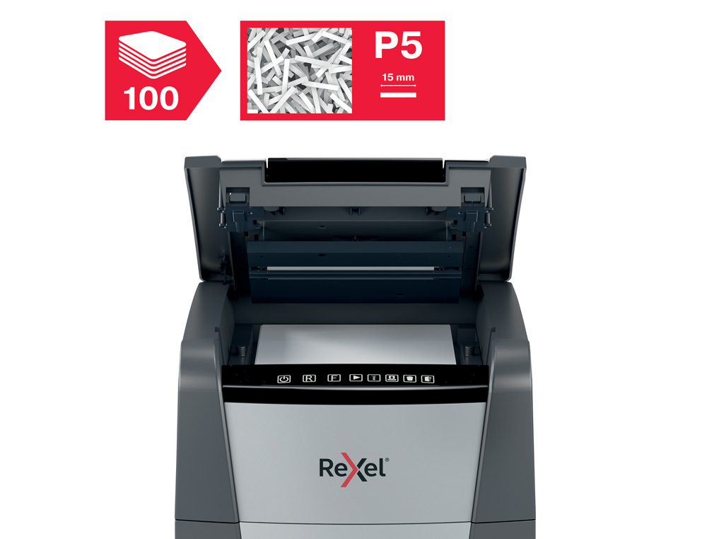 DESTRUCTORA DE DOCUMENTOS REXEL OPTIMUM AUTO+100M CAPACIDAD DE CORTE 100 HOJAS DESTRUYE GRAPAS CLIPS Y