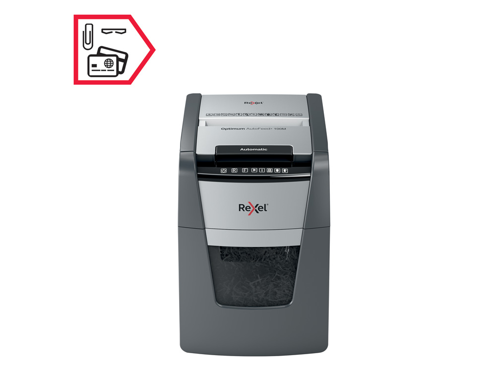 DESTRUCTORA DE DOCUMENTOS REXEL OPTIMUM AUTO+100M CAPACIDAD DE CORTE 100 HOJAS DESTRUYE GRAPAS CLIPS Y