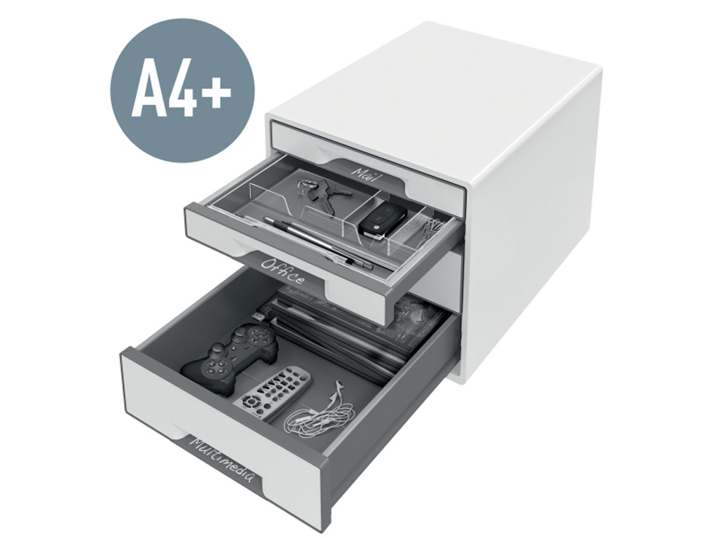 FICHERO CAJONES DE SOBREMESA LEITZ WOW DESK CUBE 2 CAJONES GRANDES Y 2 PEQUEÑOS COLOR BLANCO/GRIS