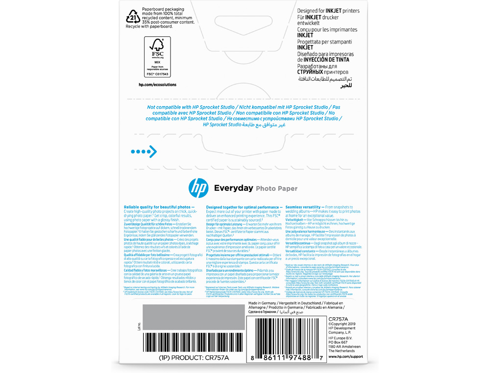 PAPEL FOTOGRAFICO HP GLOSSY 10X15 CM 200 GR PACK DE 100 UNIDADES