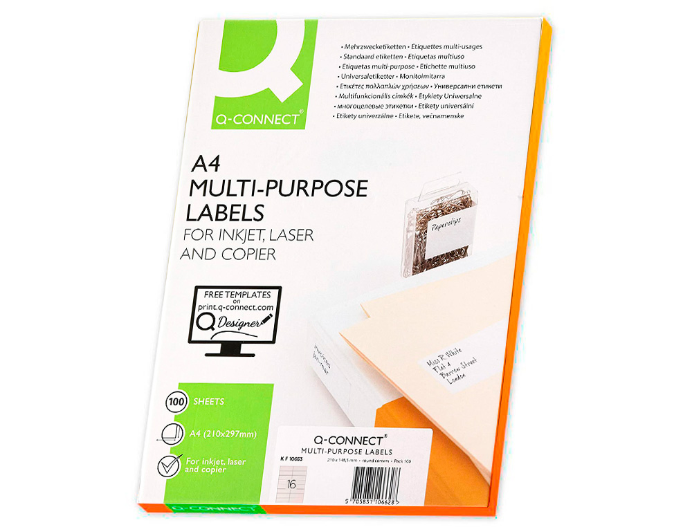 ETIQUETA ADHESIVA Q-CONNECT KF10653 TAMAO 105X35 MM FOTOCOPIADORA LASER -INK-JET CAJA CON 100 HOJAS DIN A4