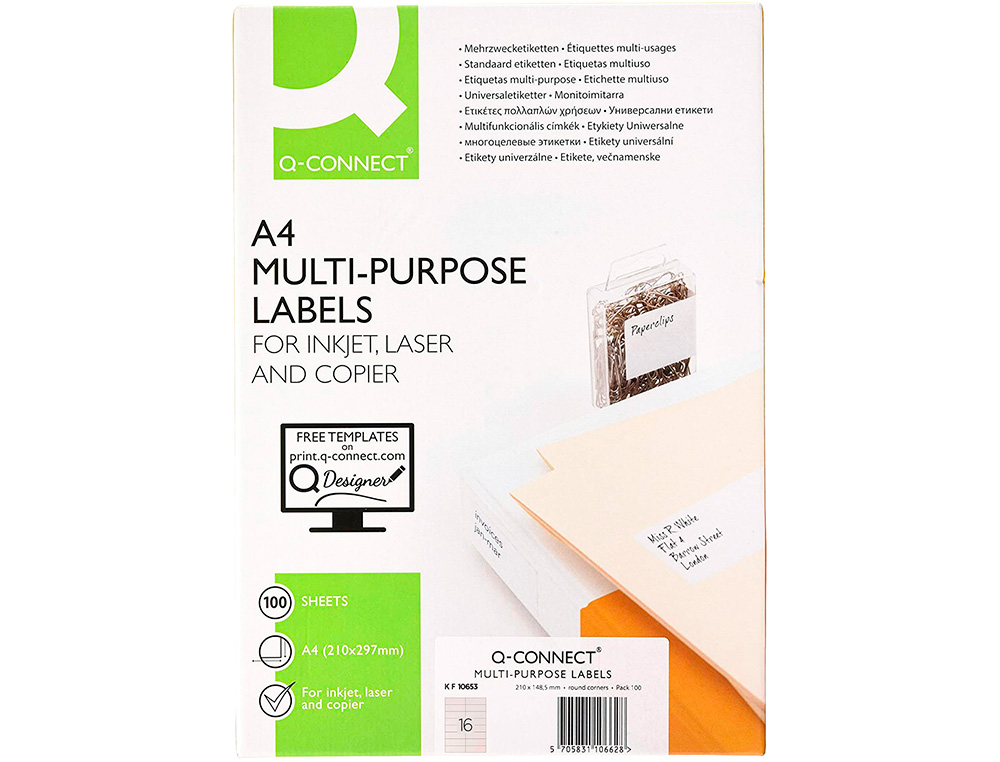 ETIQUETA ADHESIVA Q-CONNECT KF10653 TAMAO 105X35 MM FOTOCOPIADORA LASER -INK-JET CAJA CON 100 HOJAS DIN A4