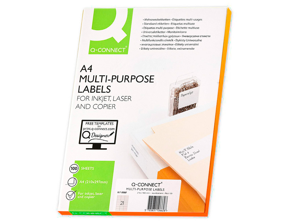 ETIQUETA ADHESIVA Q-CONNECT KF01587 TAMAO 63,5X38,1 MM FOTOCOPIADORA LASER INK-JET CAJA CON 100 HOJAS DIN A4