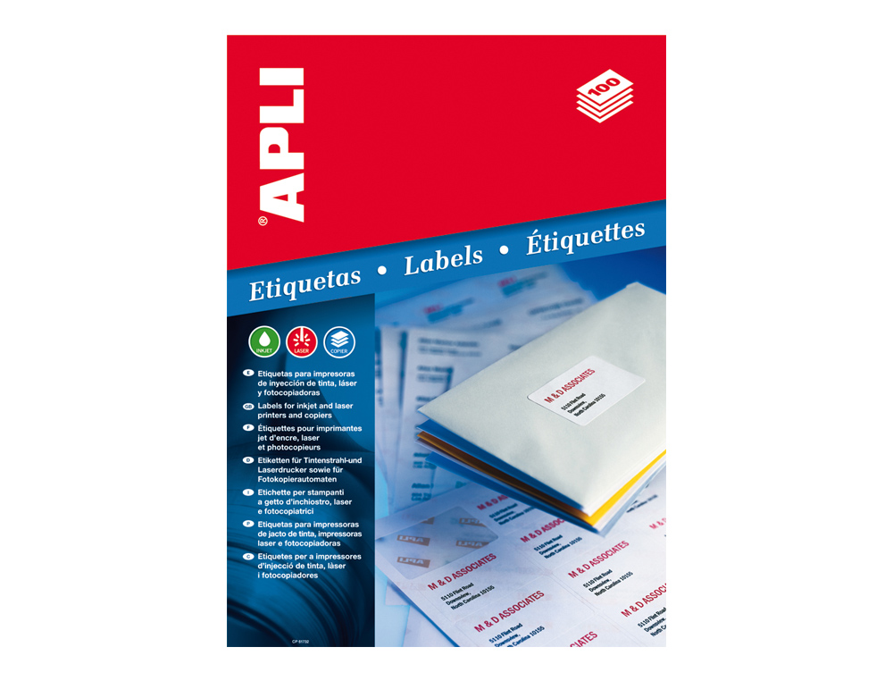 ETIQUETA ADHESIVA APLI 1280 TAMAÑO 105X148 MM PARA FOTOCOPIADORA LASER INK-JET CAJA CON 100 HOJAS DIN A4