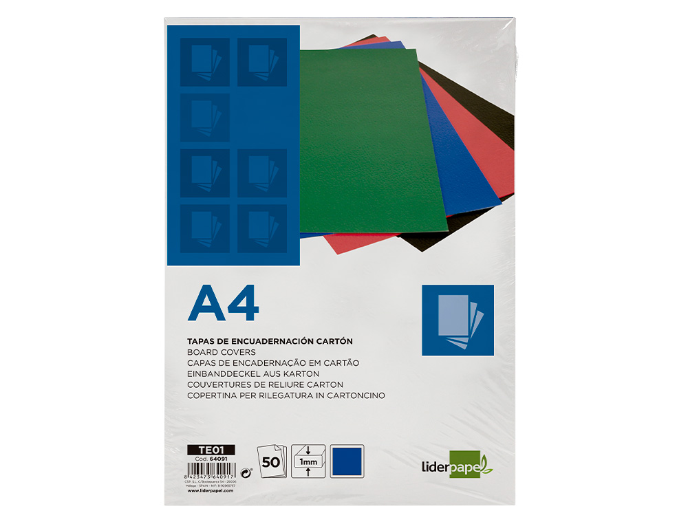TAPA ENCUADERNACION LIDERPAPEL CARTON A4 1MM AZUL PAQUETE DE 50 UNIDADES
