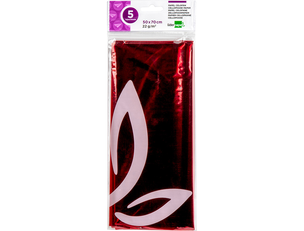 PAPEL CELOFAN LIDERPAPEL 50X70 CM 22G/M2 BOLSA DE 5 HOJAS ROJO