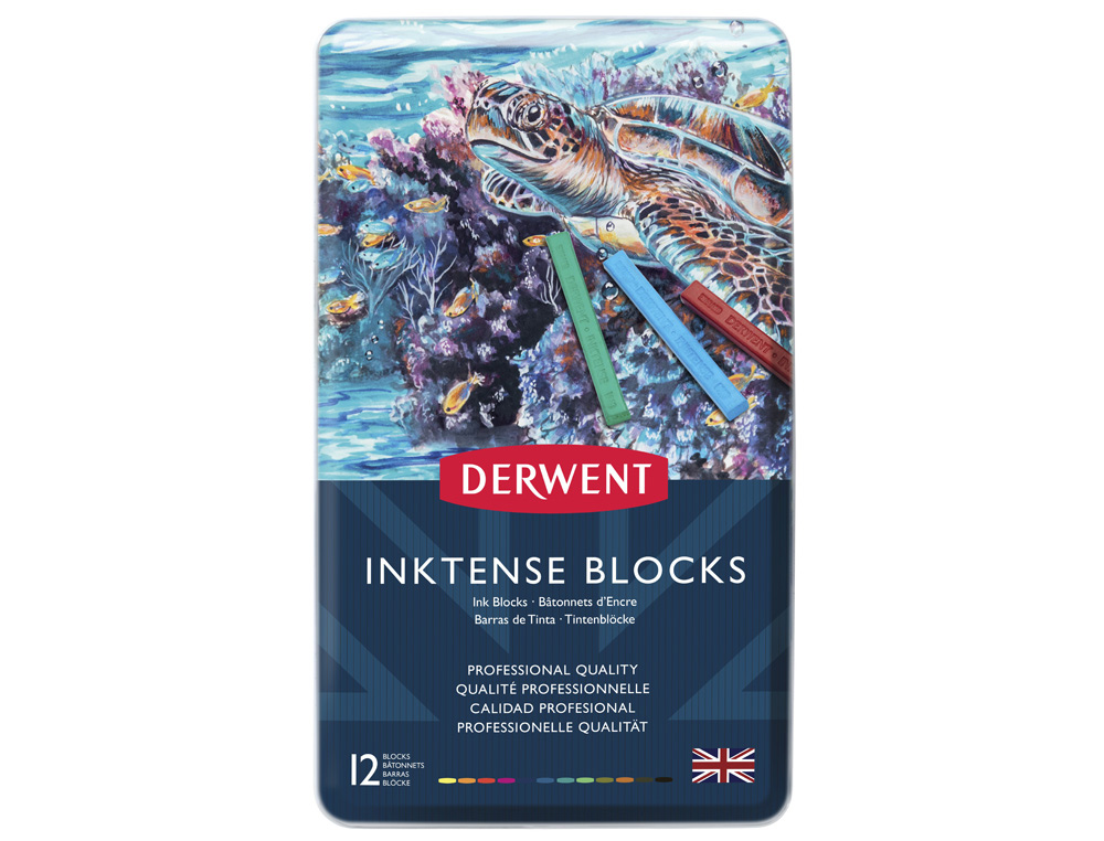 BARRA ACUARELABLE DERWENT INKTENSE CAJA METALICA DE 12 UNIDADES COLORES SURTIDOS